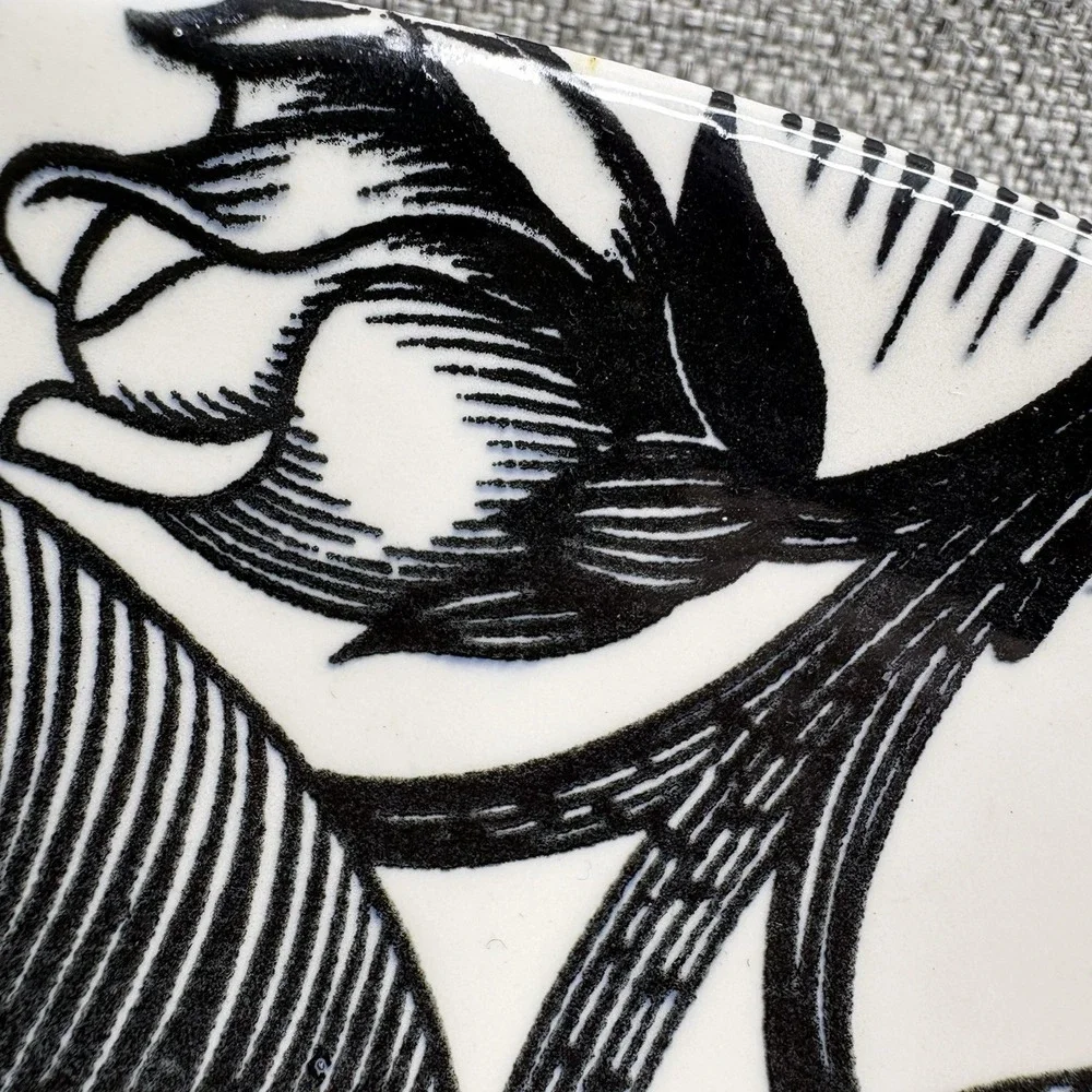 Homer Laughlin Dura Print Malay‎ Black White Floral Pattern 1950 MCM Soup Bowl